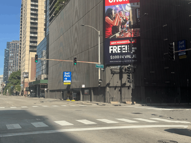 Outside entrance of parking garage located at 10 E Ontario St in Chicago, IL.